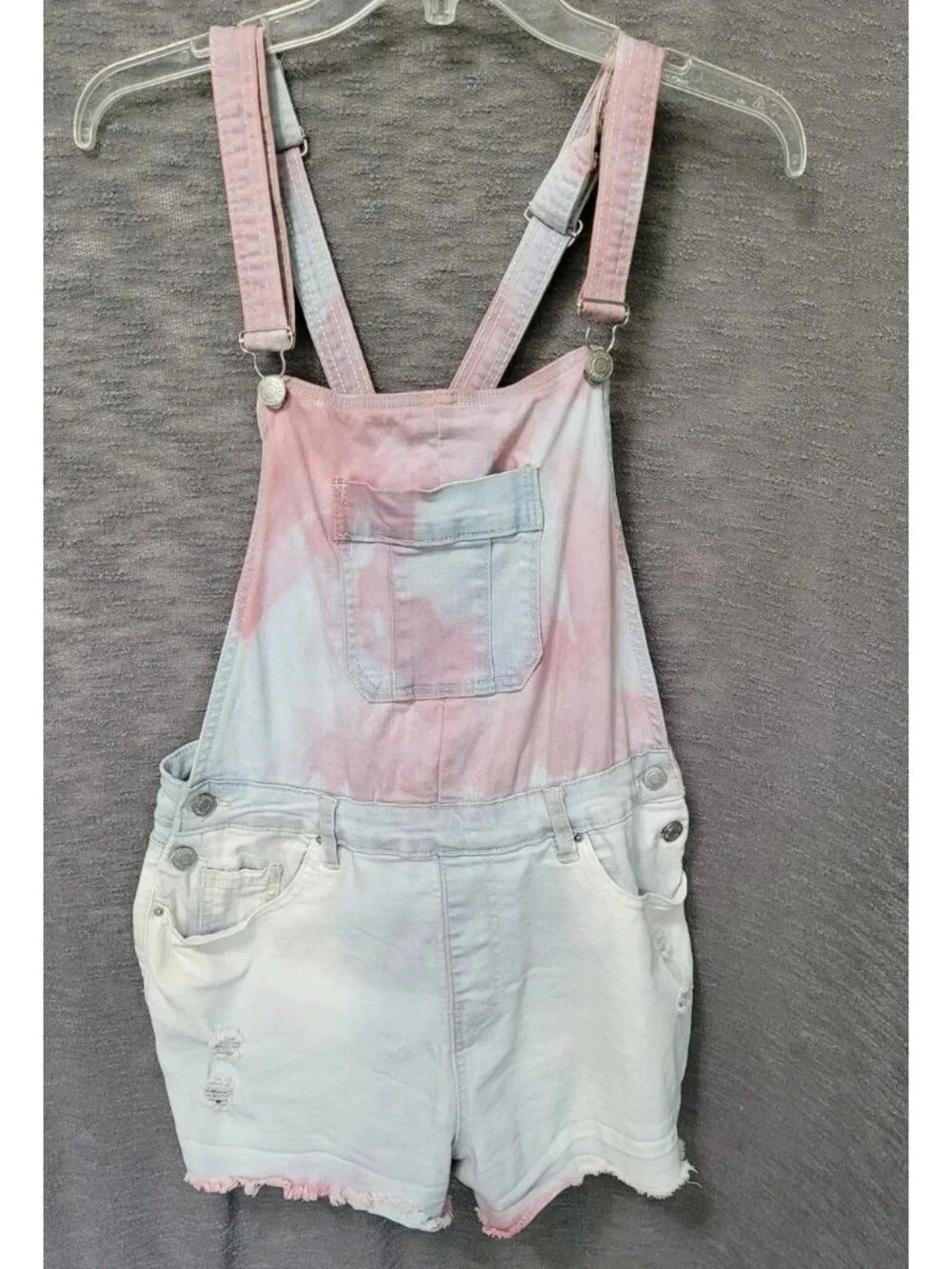 YMI Stretch Denim Shorts Bib Overalls Size 7 Tie Dye Rainbow Pink Blue Y2K Baggy